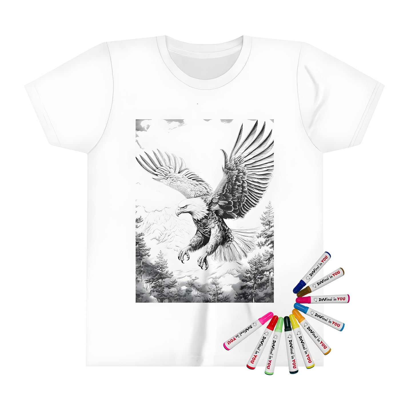 Coloring page inspired kid's t-shirt with detailed eagle design, outstretched wings flying over mountains and trees