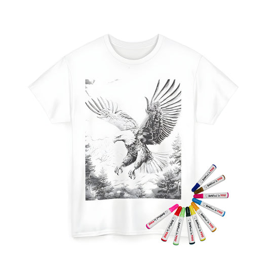 Detailed black-and-white drawing of an eagle with outstretched wings flying over mountainous landscape and trees on a unisex t-shirt