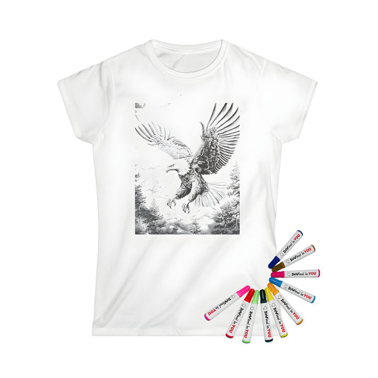 Women's t-shirt featuring a colorful eagle design with outstretched wings, detailed black-and-white drawing of an American bald eagle soaring over mountains and trees.