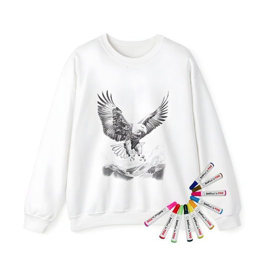 Adult sweatshirt featuring a flying bird illustration of an eagle or hawk soaring above mountains, designed for adult coloring and wear