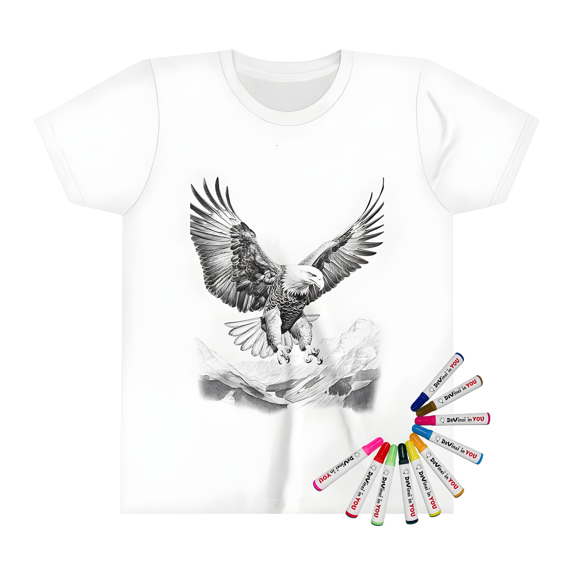 Kid's T-shirt featuring a black and white flying bird illustration with outstretched wings over mountains