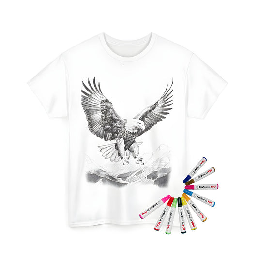 Unisex T-shirt featuring an illustration of a flying eagle with outstretched wings over mountainous terrain