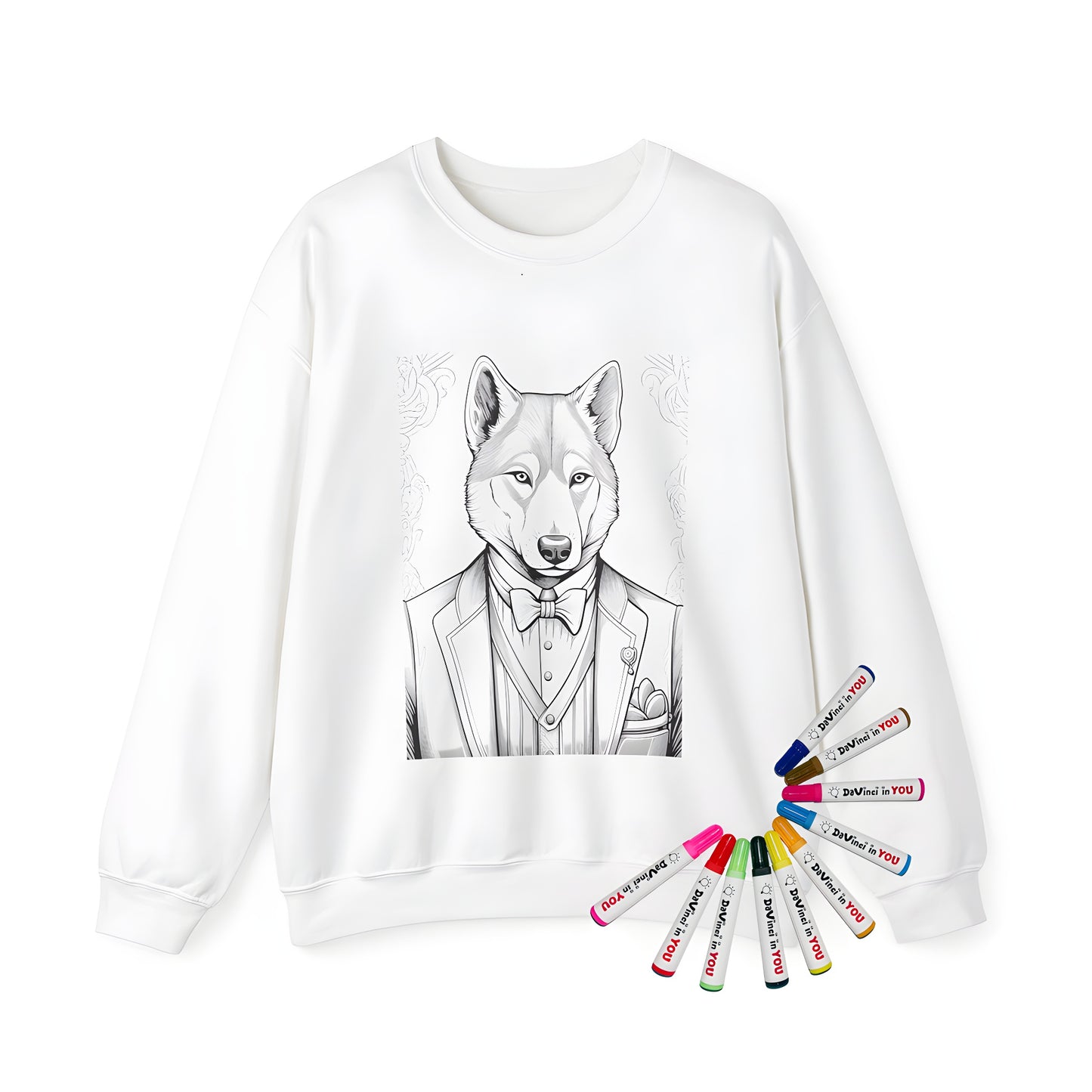 Adult sweatshirt featuring an intricate design of an anthropomorphic canine, resembling a man dressed in formal attire, with a bow tie. 