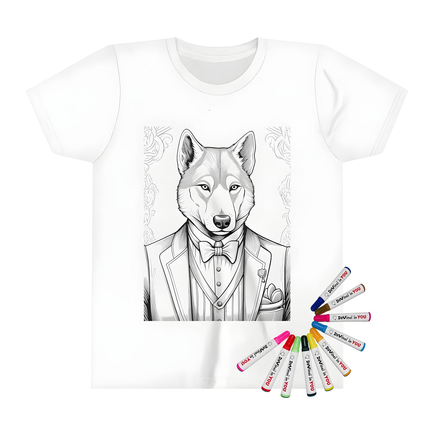 Coloring page inspired kid's t-shirt featuring an anthropomorphic wolf illustration