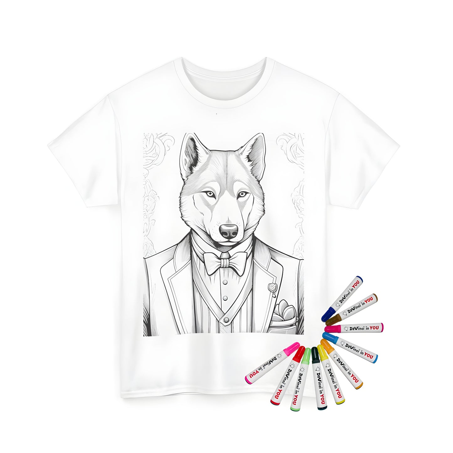 Coloring kit unisex t-shirt featuring a detailed illustration of an anthropomorphic wolf, dressed in a formal suit and bow tie.