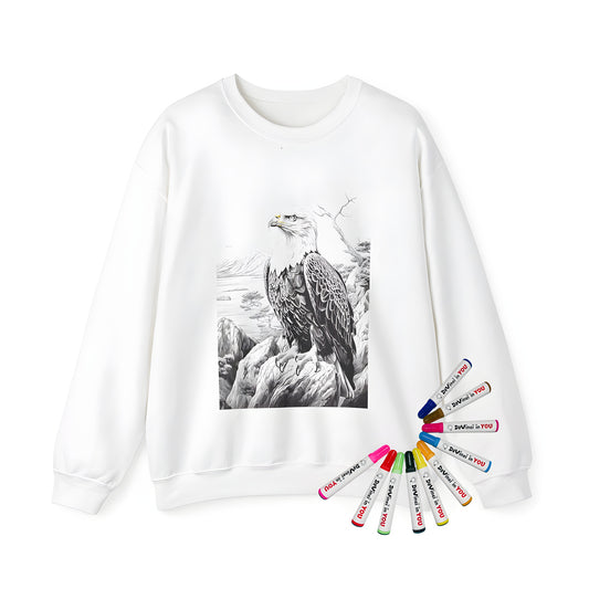 Adult sweatshirt featuring a detailed black-and-white eagle design perched on a rock with mountains and trees in the background, perfect for coloring enthusiasts. Includes adult sweatshirt and 10 fabric markers.