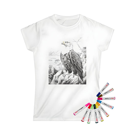 Women's t-shirt featuring a highly detailed black-and-white eagle design perched on a rock, mountains and trees in the background