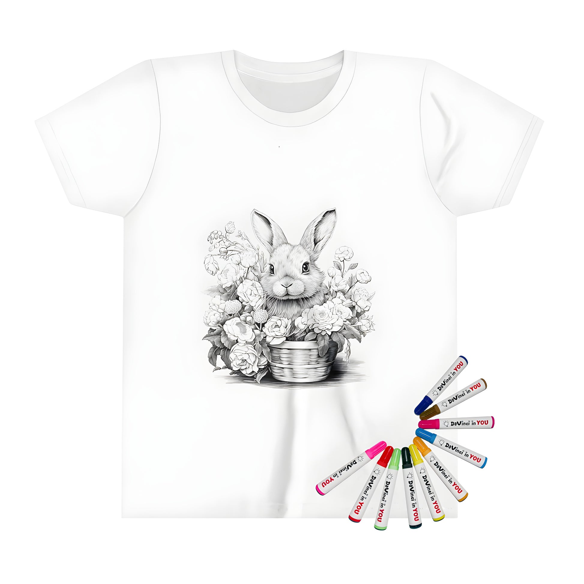 Kid's coloring shirt with bunny illustration and garden-inspired design featuring hares, carrots, and blooming flowers