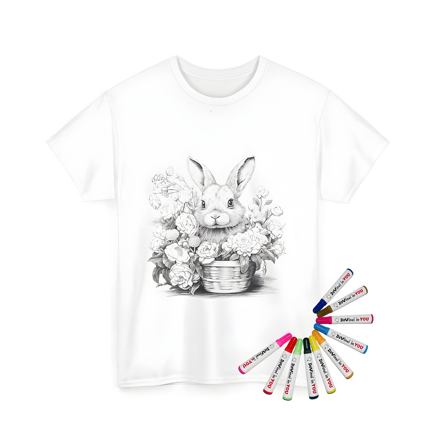 Coloring kit for adults featuring a rabbit-themed illustration on a unisex t-shirt with floral designs