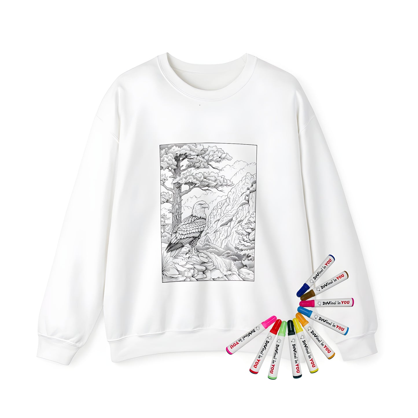 Adult sweatshirt with detailed eagle perched on rock design, surrounded by mountain landscape and forest scenery