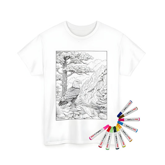 Unisex t-shirt with a detailed eagle perched on a rock surrounded by mountains and forest landscape