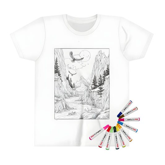 Kid's t-shirt with a Black and white mountain landscape design featuring eagles flying, a river, and pine trees in a scenic valley.