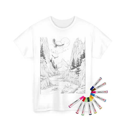 Black and white drawing of mountains with eagles flying, a river, and pine trees in a scenic valley on a unisex t-shirt