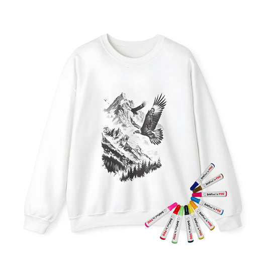 Adult sweatshirt featuring an eagle-inspired design, complete with majestic birds soaring above a scenic mountain range with dense forests.