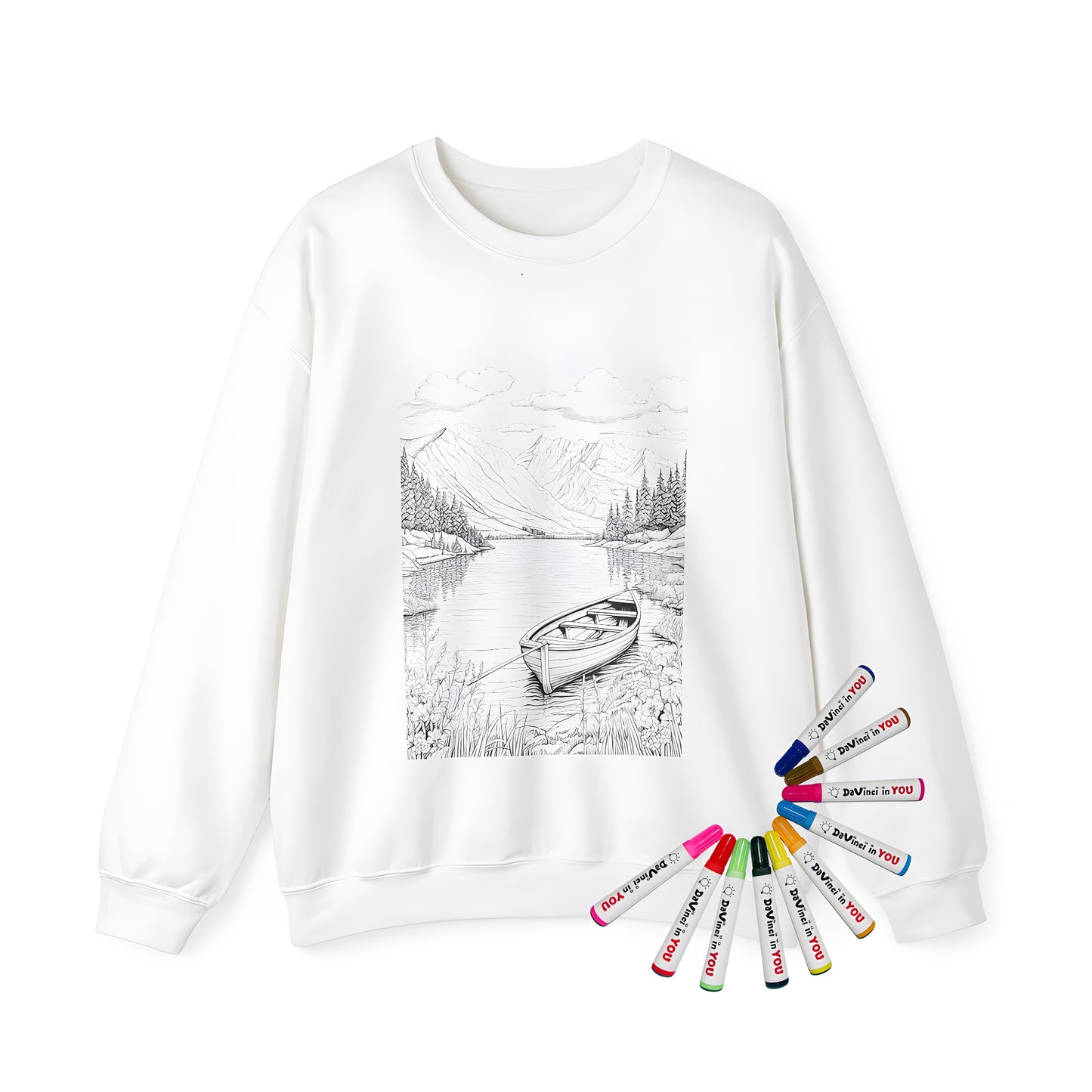 Adult sweatshirt with serene mountain lake scene, featuring a wooden boat on a tranquil shore surrounded by trees and clouds