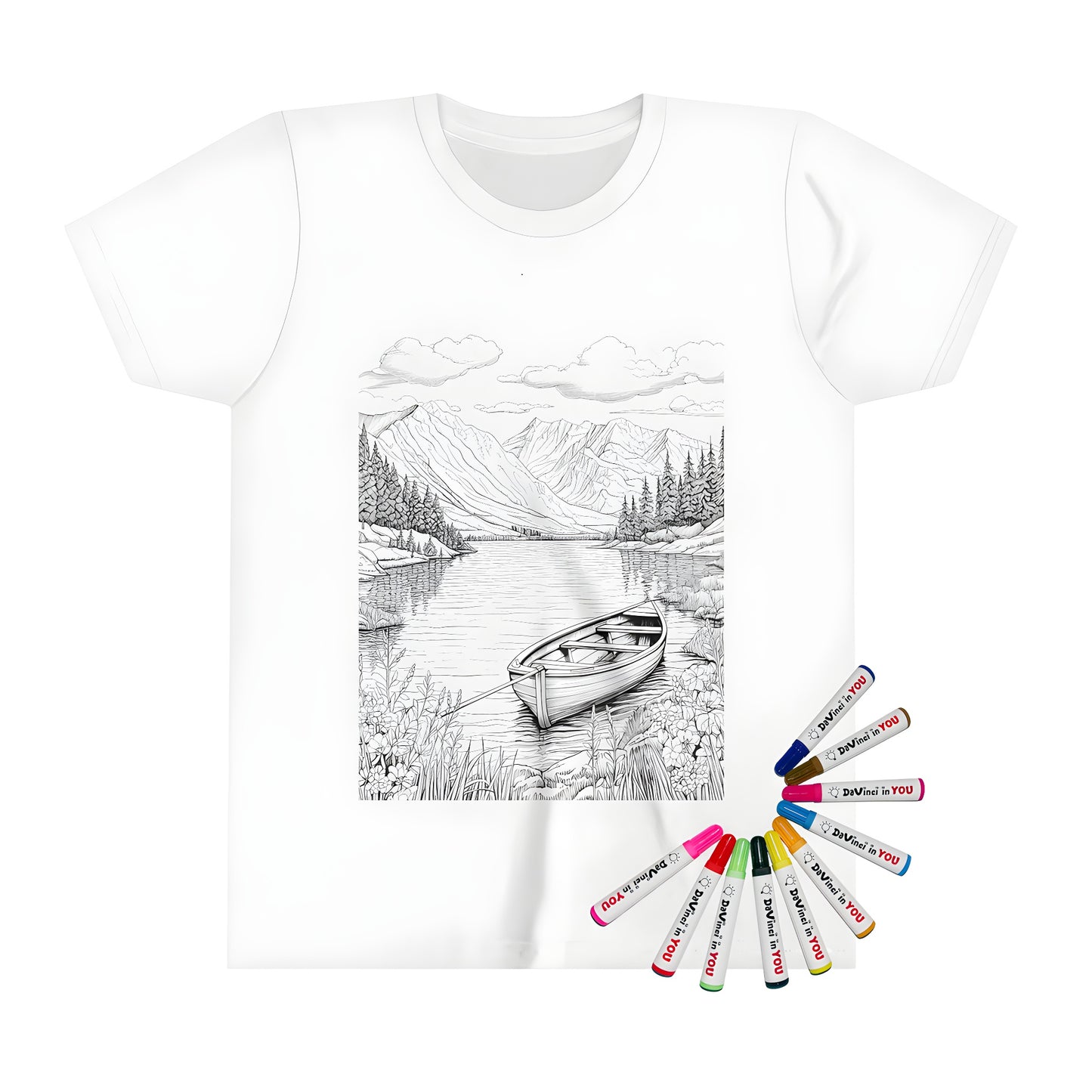 Kid's coloring shirt with scenic mountain lake design featuring a wooden boat on shore surrounded by trees mountains and clouds