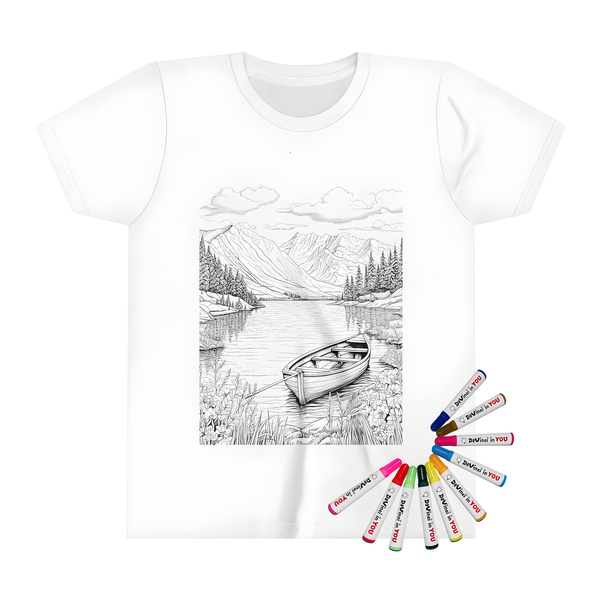 Kid's coloring shirt with scenic mountain lake design featuring a wooden boat on shore surrounded by trees mountains and clouds