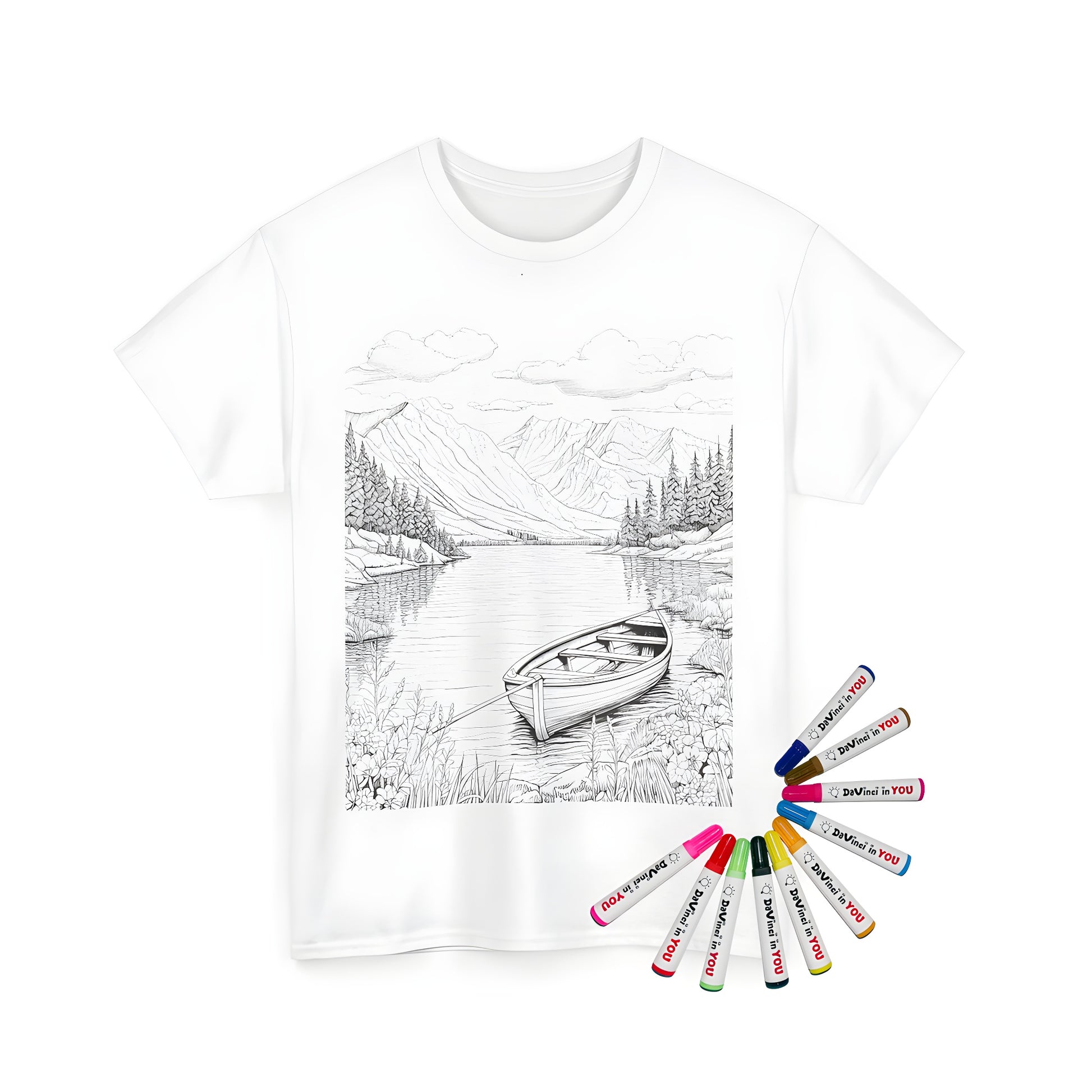 Unisex t-shirt featuring a serene wooden boat scene on a tranquil lake shore surrounded by trees and mountains