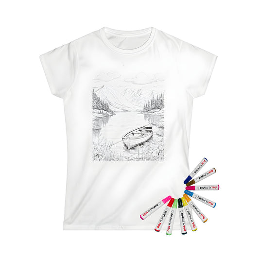 Women's t-shirt with a serene lake shore scene featuring a wooden boat, trees, mountains, and fluffy clouds.