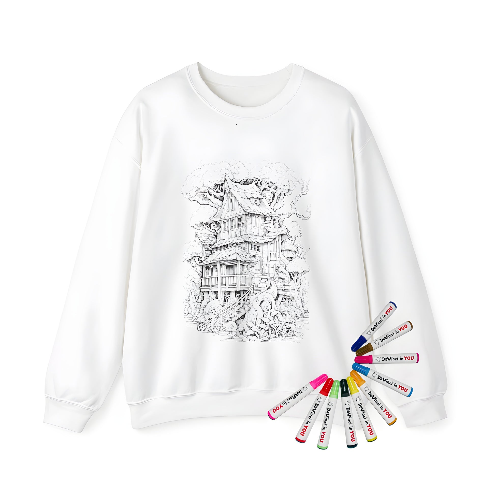 Adult sweatshirt featuring a whimsical treehouse design with intricate details, perfect for coloring enthusiasts