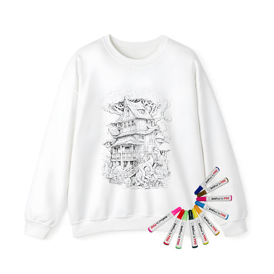 Adult sweatshirt featuring a whimsical treehouse design with intricate details, perfect for coloring enthusiasts