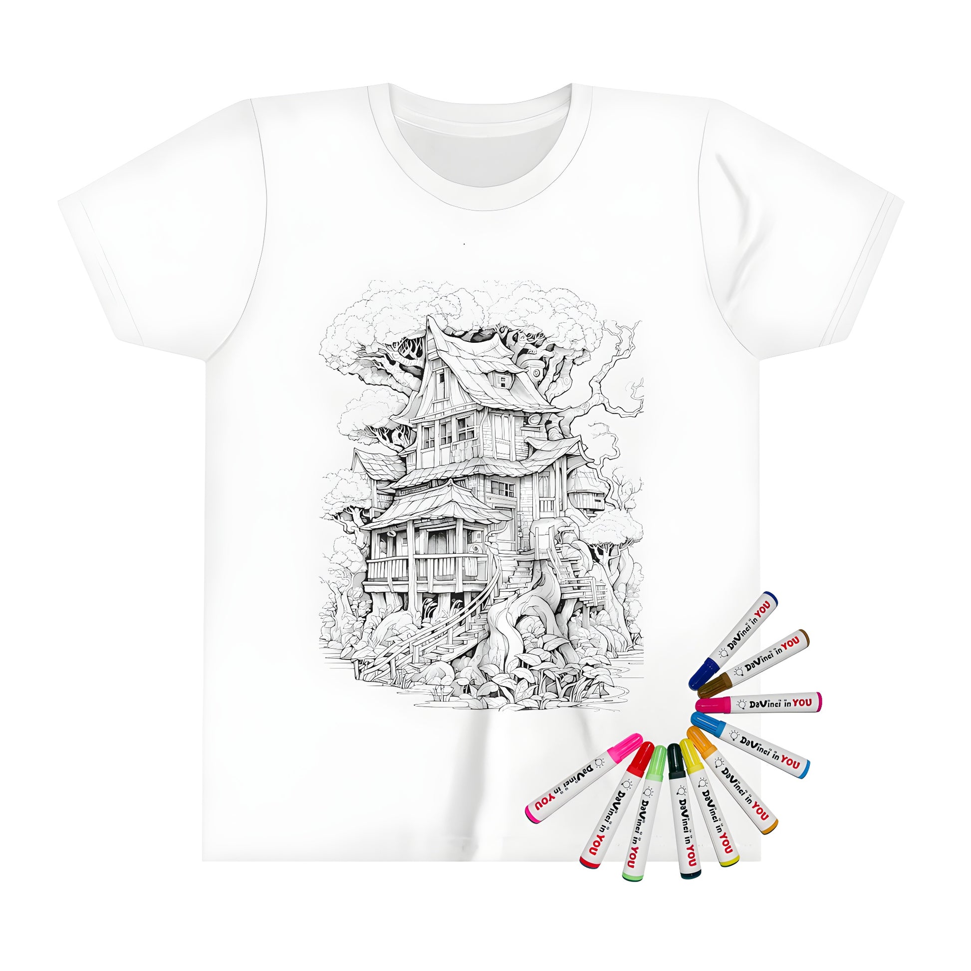 Colorful kid's t-shirt with an imaginative treehouse design featuring intricate details and vibrant hues.