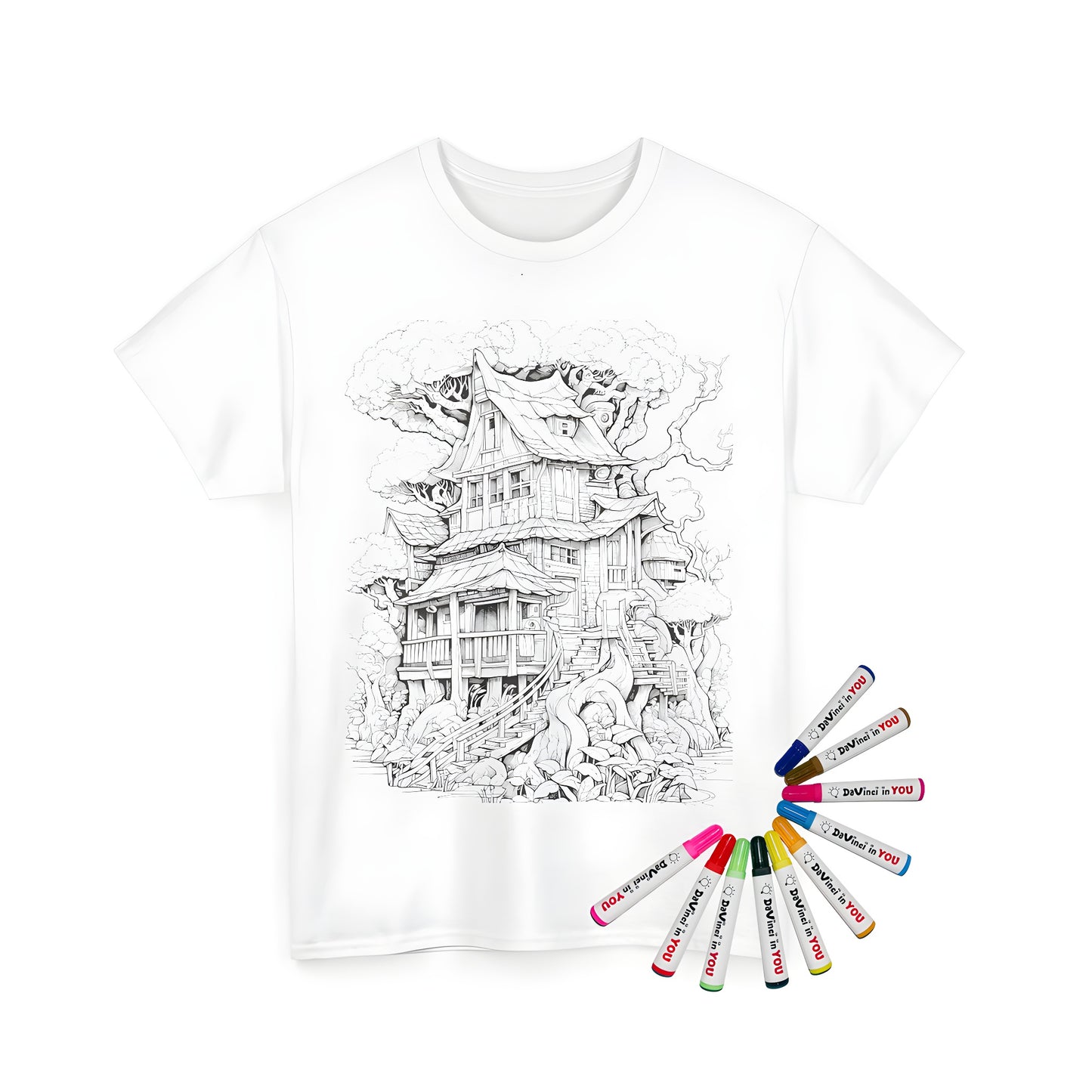 A colorful unisex t-shirt featuring a detailed treehouse design with a large tree, foliage, and intricate architectural features.