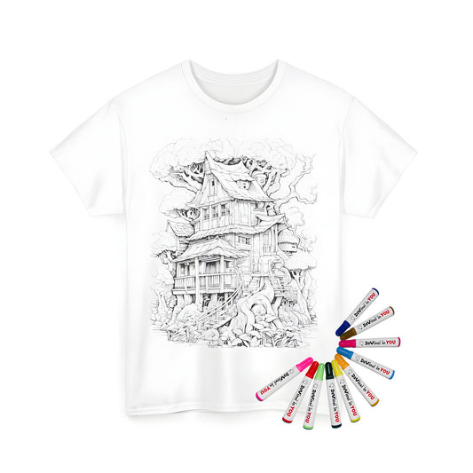 A colorful unisex t-shirt featuring a detailed treehouse design with a large tree, foliage, and intricate architectural features.