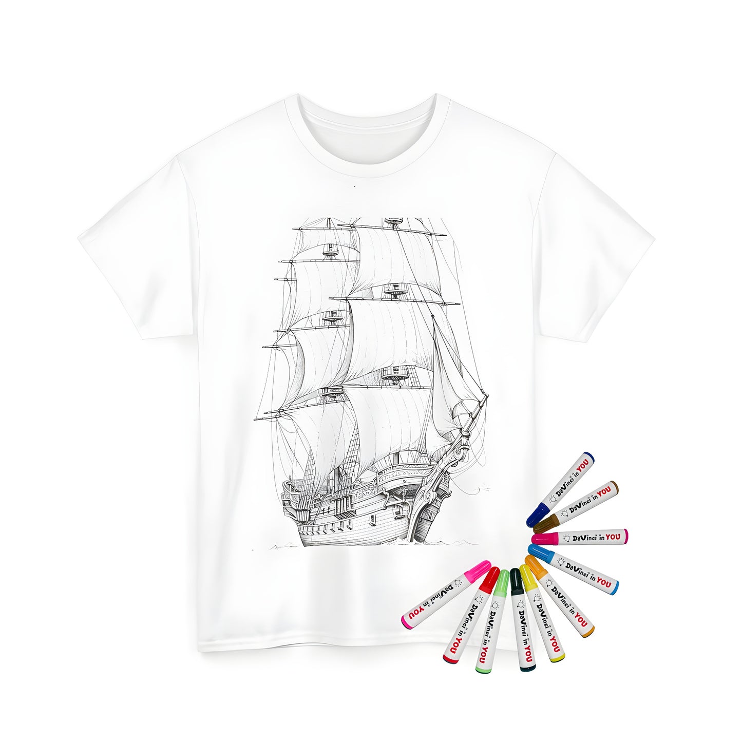 Sailing vessel, sailboat, tall ship illustration on unisex t-shirt, ocean waves