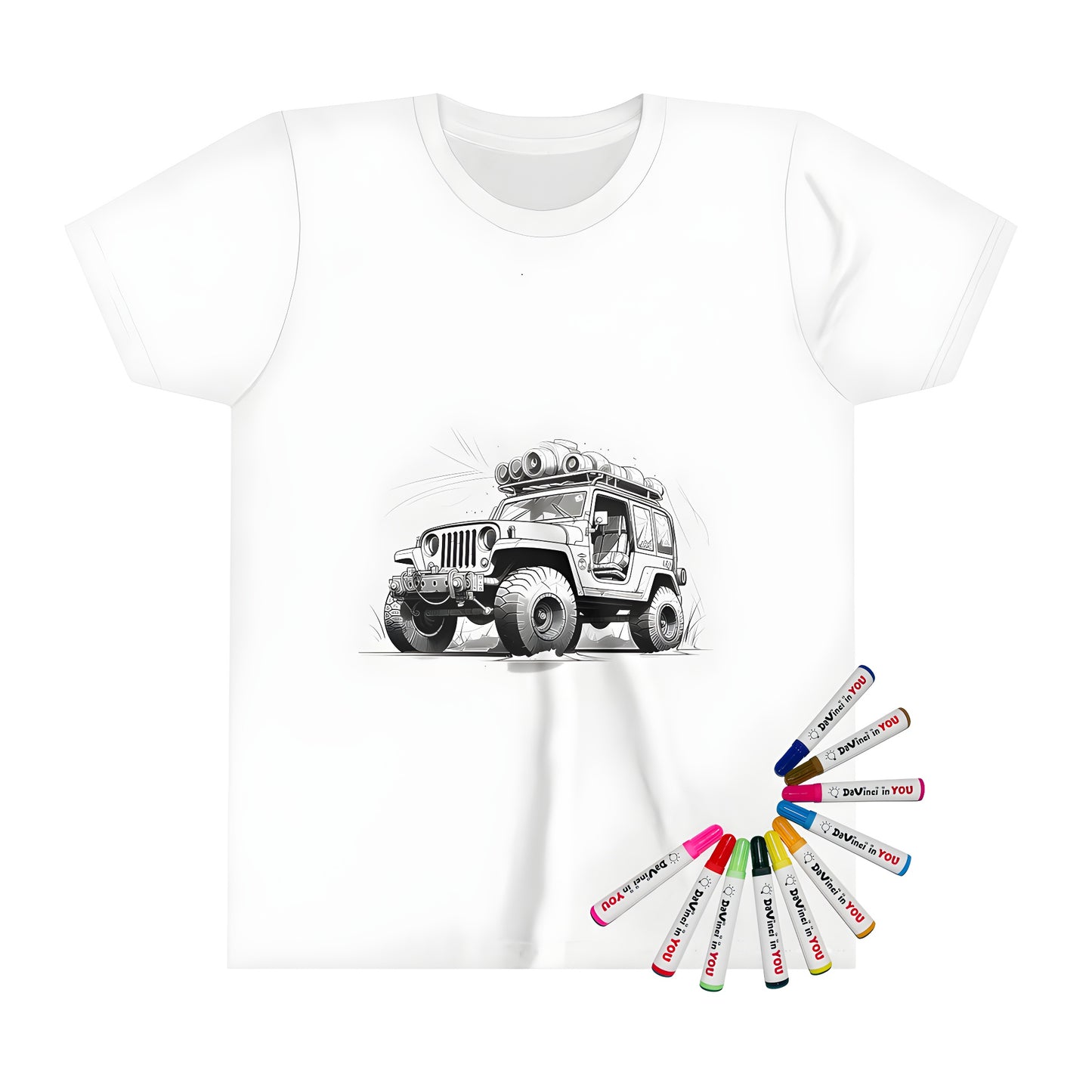 Kids' t-shirt featuring an off-road vehicle design with large tires and cargo, perfect for adventurous kids.