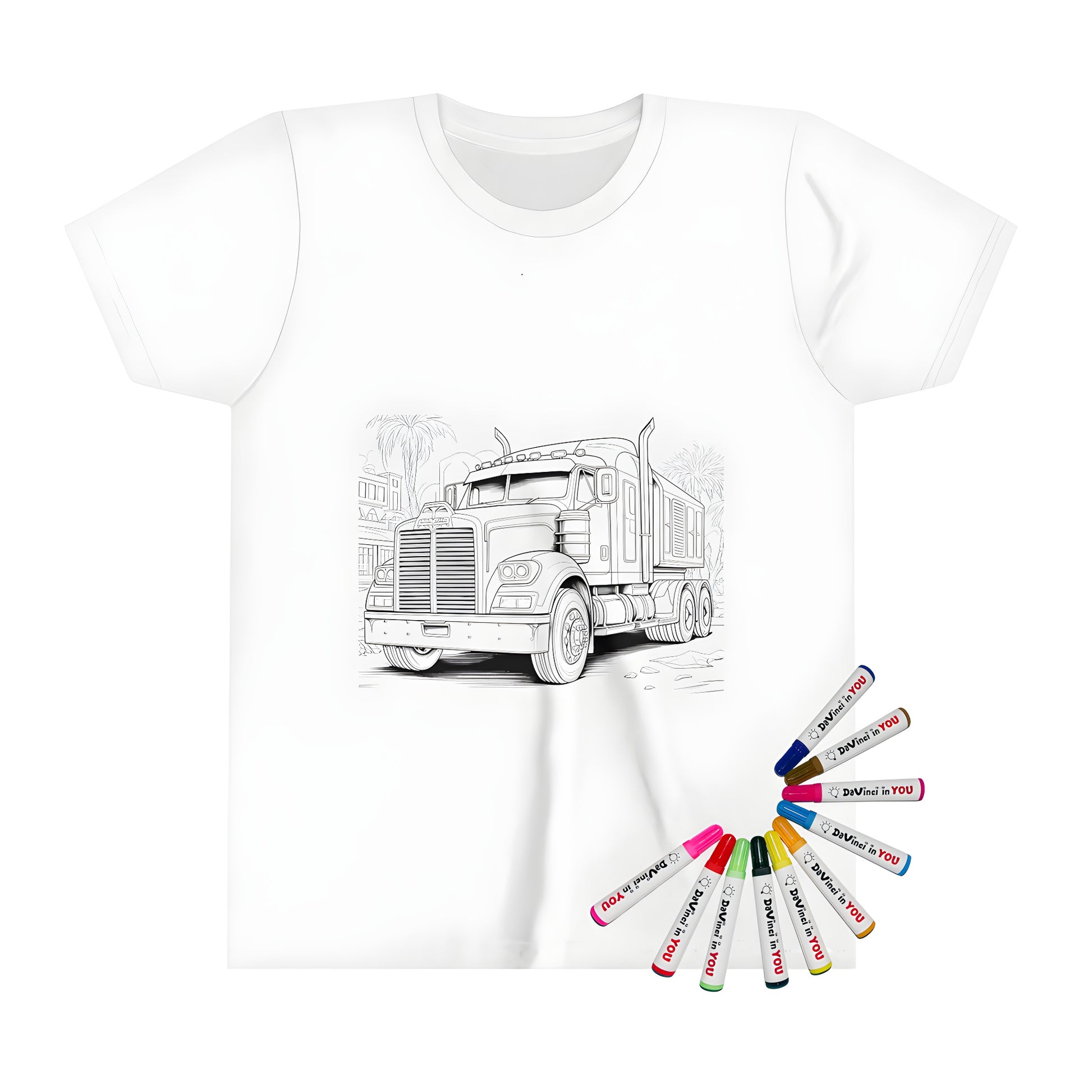 Coloring page of a big rig truck on a kid's t-shirt