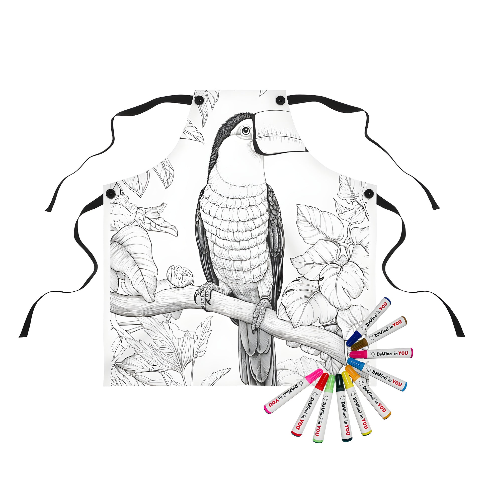 Colorful apron design featuring an outlined drawing of a toucan perched on a branch surrounded by tropical leaves. Great for coloring and art activities.