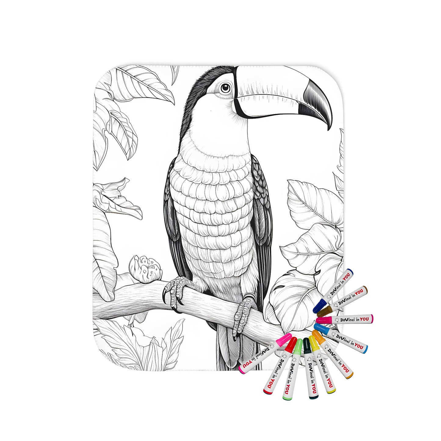 Blanket with vibrant toucan and tropical leaf design