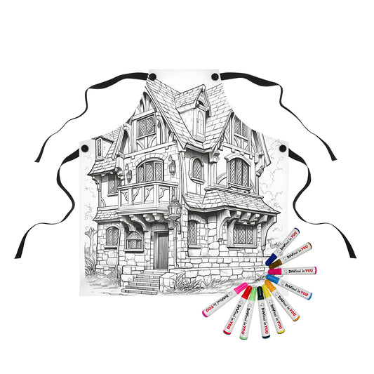 Coloring Apron with cottage inspired design featuring a stone and wood home, balcony, door, windows, and trees