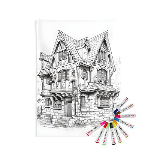 Indoor wall tapestries with cottage-inspired designs, featuring a cozy stone and wood abode with a balcony, wooden door, and ornate windows. Perfect for bohemian homes and country chic decor.