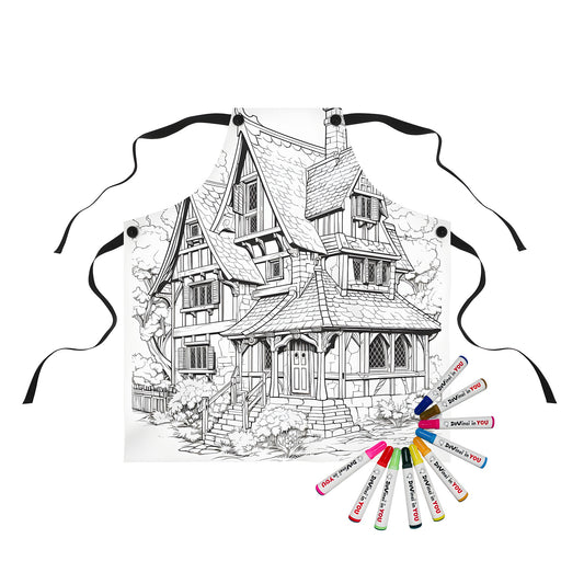 Apron with a colorful cottage design, featuring a detailed line drawing of a charming country home with gabled roofs and trees