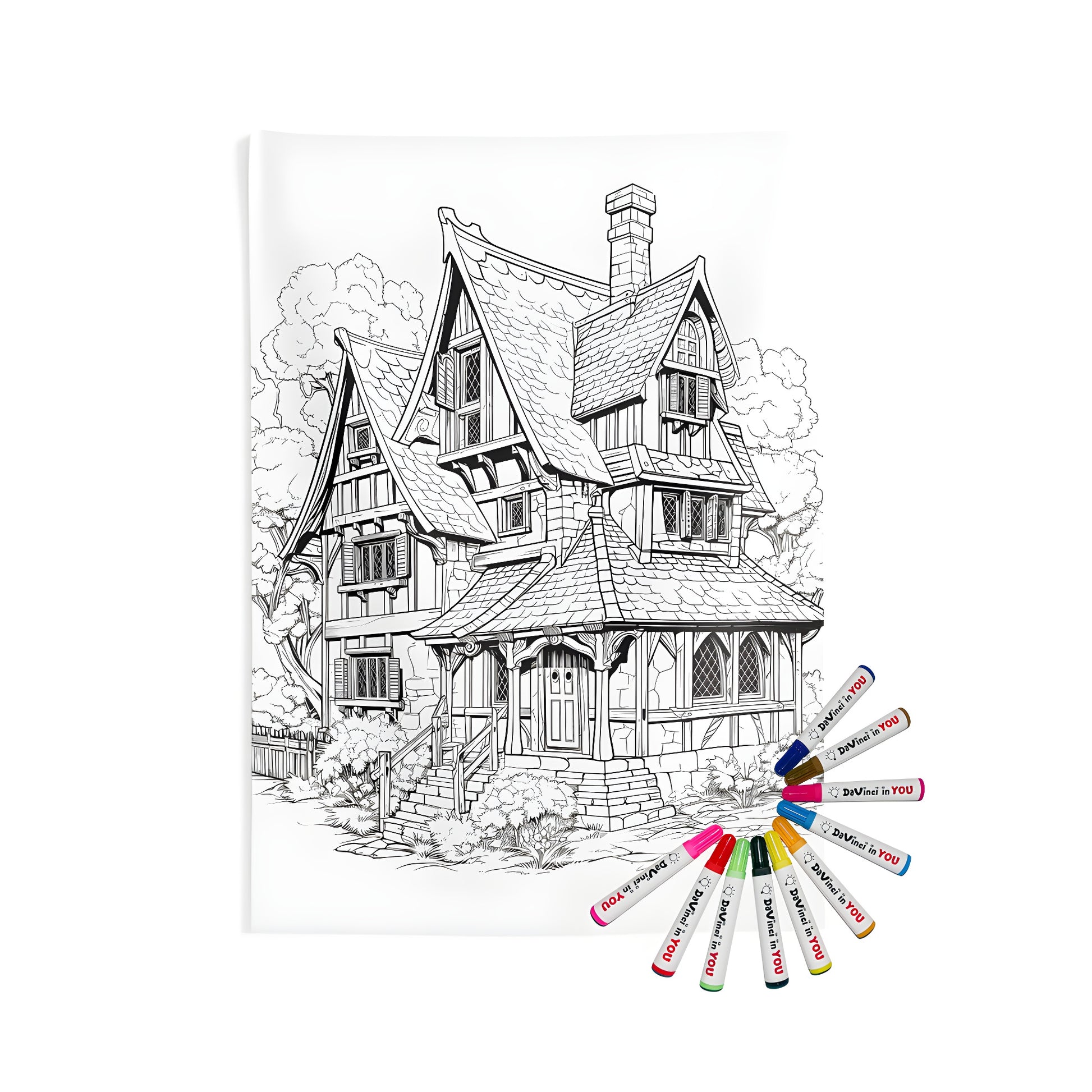 Indoor wall tapestries for home decor featuring detailed line drawing of a cottage style house with gabled roofs and surrounding trees