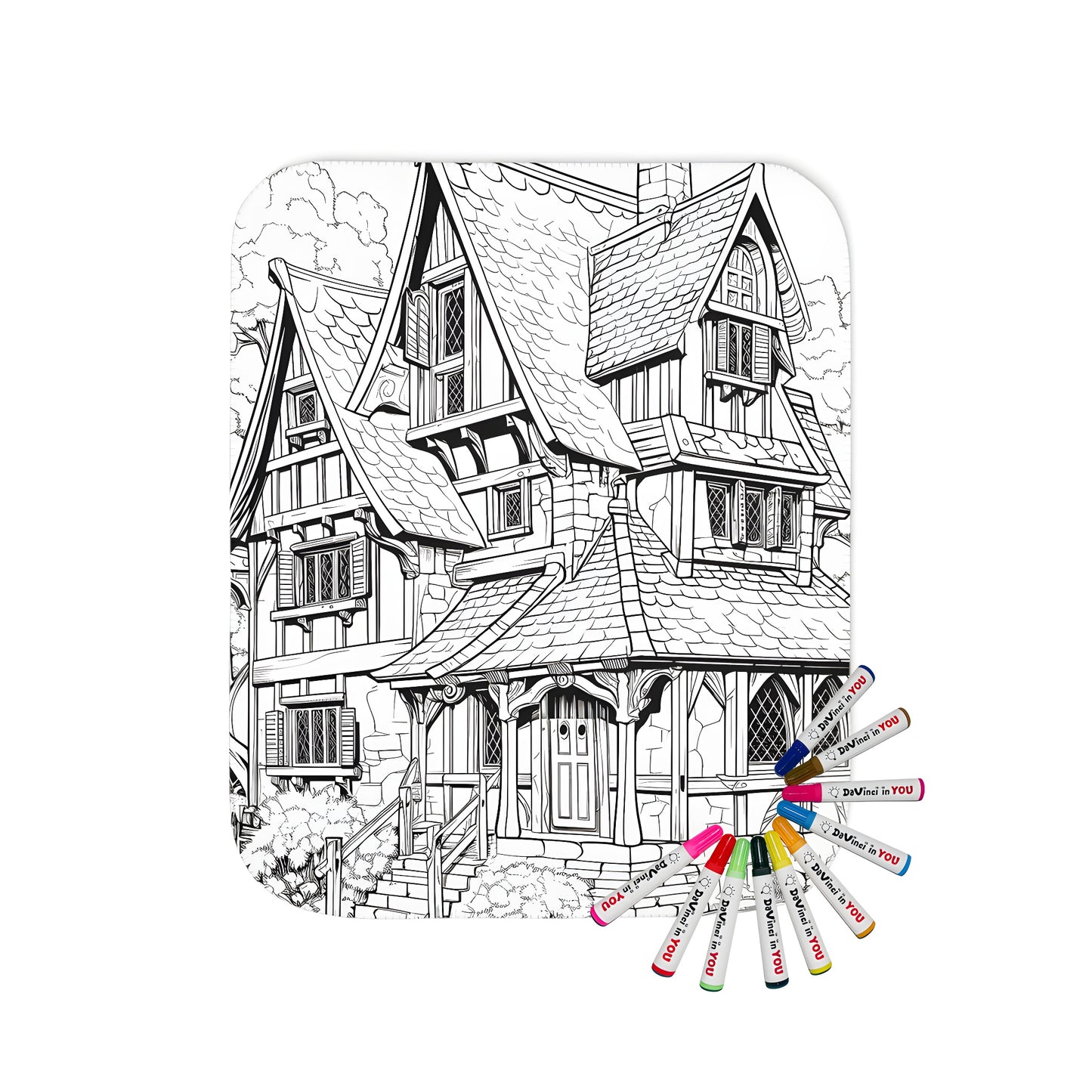 Cozy blanket with cottage illustration for kids coloring kit