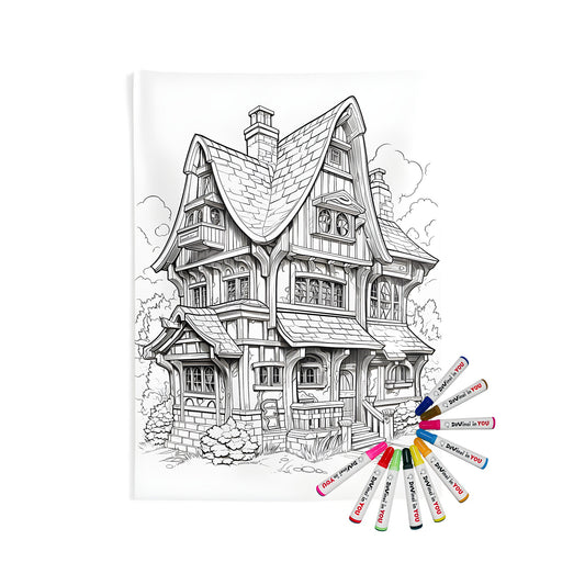 A detailed indoor wall tapestry featuring a charming wooden cottage design, perfect for adding a cozy touch to any room. Includes 10 vibrant fabric markers for adults and kids alike to unleash their creativity and bring this whimsical scene to life.