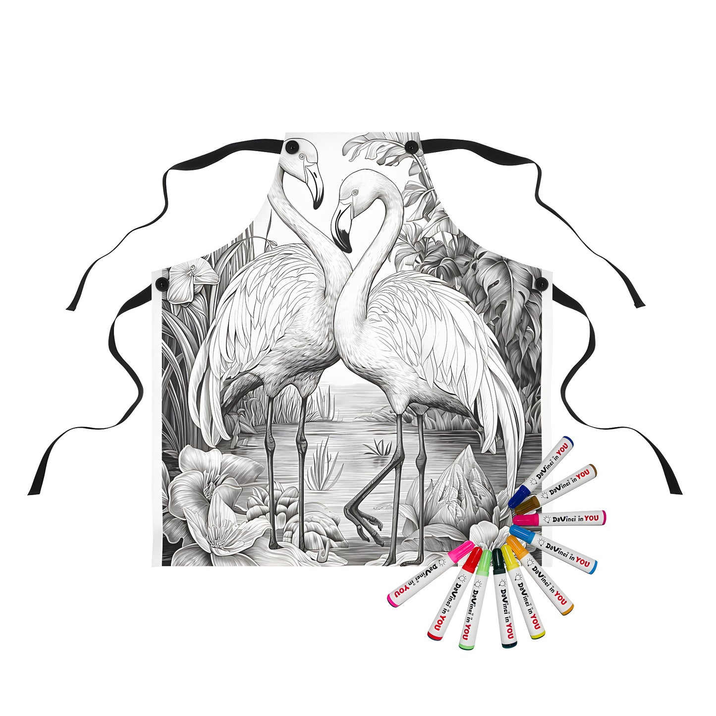 Aprons with flamingo designs, pink flamingos print, colorful flamingos illustrations, fun flamingos artwork on a vibrant background