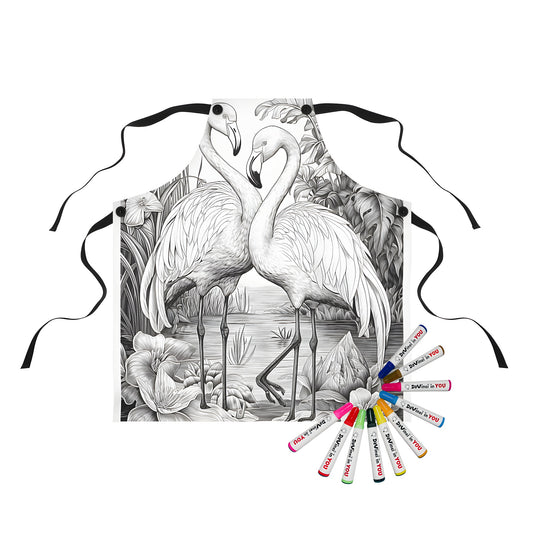 Aprons with flamingo designs, pink flamingos print, colorful flamingos illustrations, fun flamingos artwork on a vibrant background