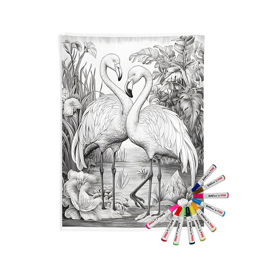 Flamingo wall tapestry artwork, flamingos standing in a pond illustration, indoor decor fabric art