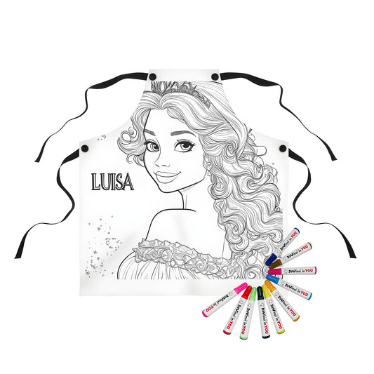 Apron with coloring page design of princess and tiara, perfect for kids' craft activities