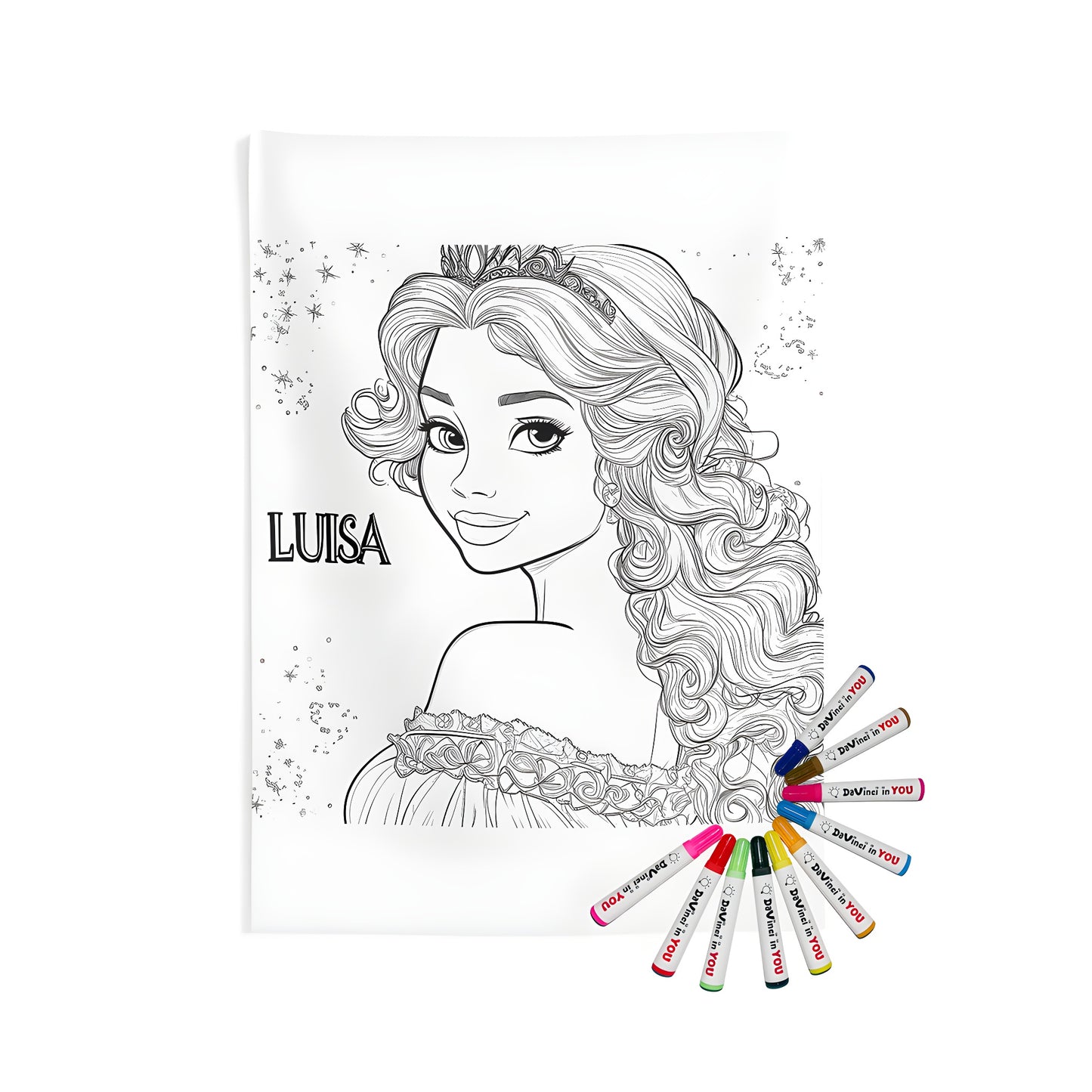 Coloring page of a princess with curly hair and tiara, 'Luisa', surrounded by sparkles on a royal indoor wall tapestry