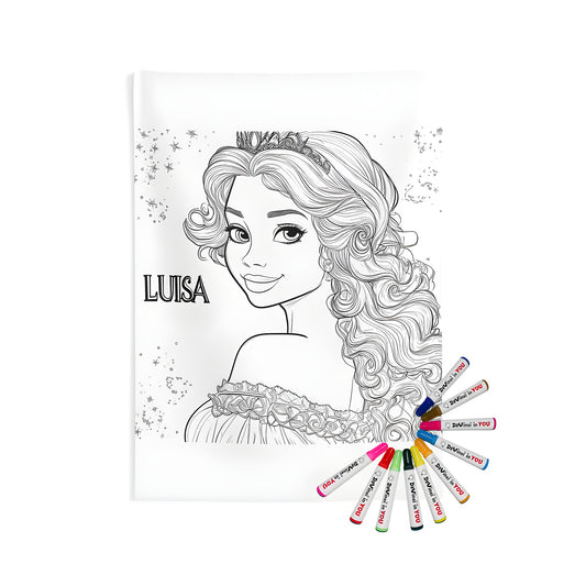 Coloring page of a princess with curly hair and tiara, 'Luisa', surrounded by sparkles on a royal indoor wall tapestry