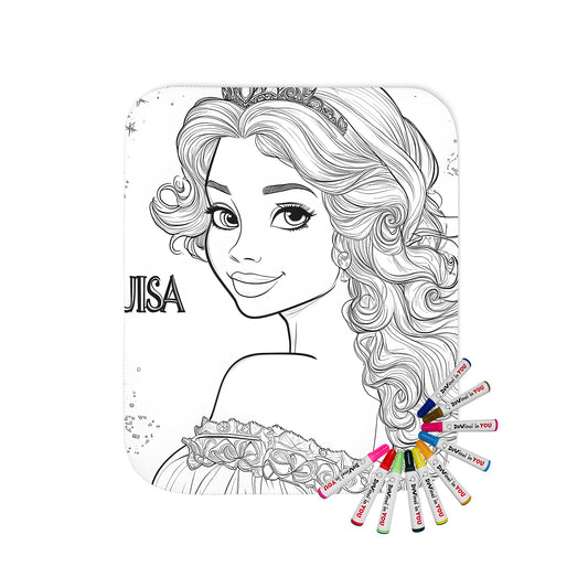 Blanket for girls' bedroom decor featuring Line art of princess Luisa with curly hair and tiara, surrounded by sparkles. Colorful princess blanket with soft fabric markers.