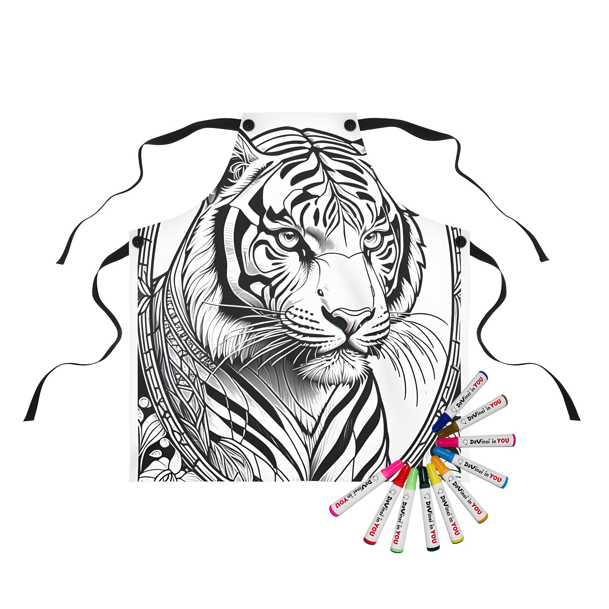 Colorful Tiger design apron with floral details, featuring a detailed black and white tiger illustration