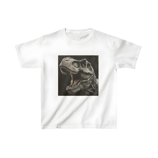 Colorful kids t-shirt featuring a detailed portrait of a roaring Dino or Prehistoric Beast, highlighting its sharp teeth and textured skin