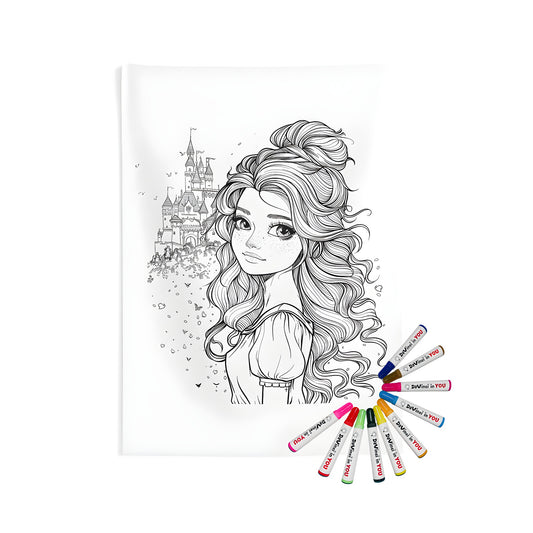 Castle Princess Indoor Wall Tapestry - Black & White Art of a Royal Girl with Long Hair and Medieval Castle Background