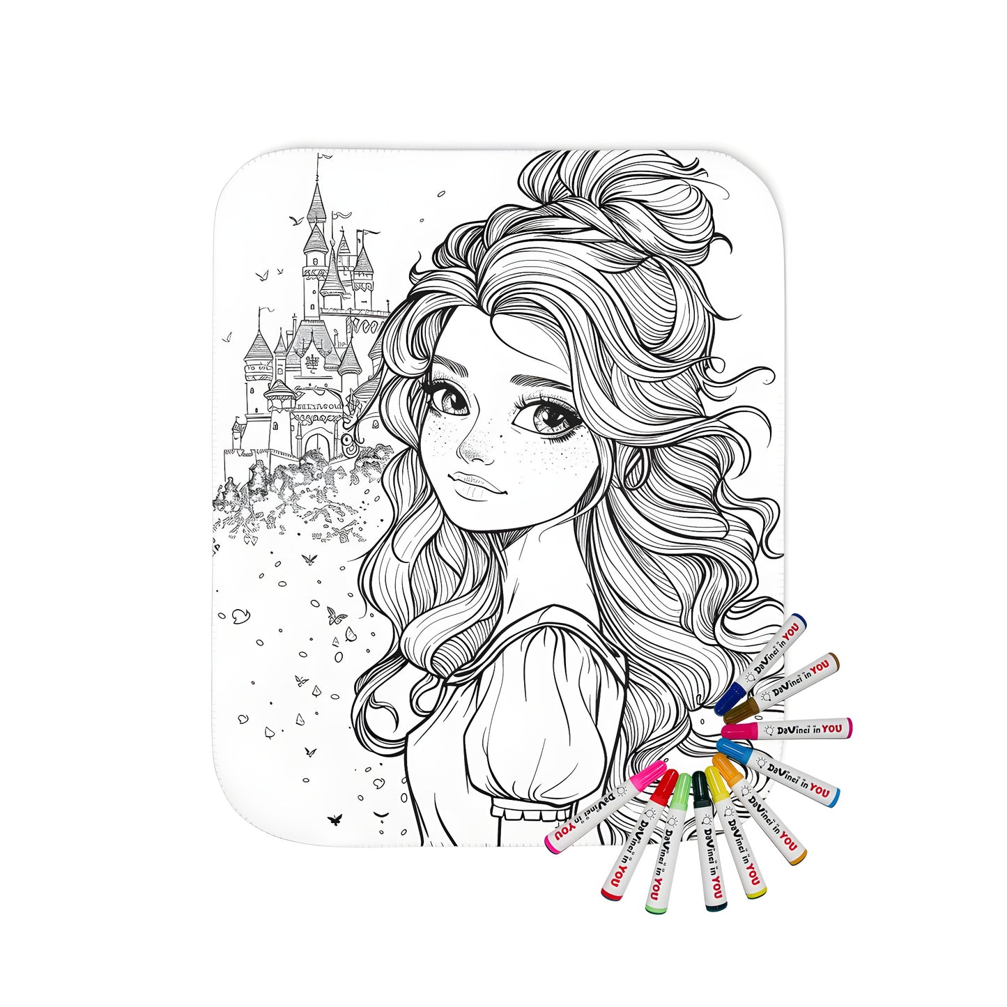 Blanket featuring a Black and White Castle Princess coloring page design with long wavy hair